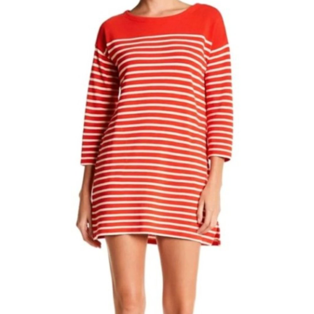 Red and White Boat-neck Tunic Sweatshirt Dress